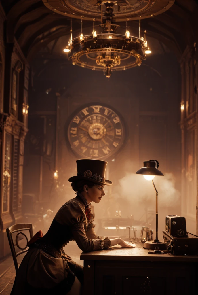 has a big room , with lots of lights and lots of tables, steampunk factory background, matte painting of steam machines, Fantastic atmospheric lighting , steampunk concept-art, steampunk background, Drama Lighting. concept-art, in a steampunk lab , Victorian science fiction, 3d rendered steampunk, steampunk imagery themed, golden steampunk city atmosphere, concept-art stunning atmosphere