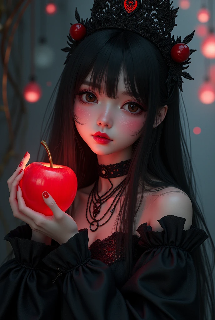 ((RAW photos),absurd,(absurd分辨率)),Masterpiece ,Best quality,( extremely detailed 8k unity CG wallpaper),(Most Best Illustration),(best shadow),Realistic lighting,Beautiful and detailed brilliance ,((21yo)),girl,longblackhair,Black Queen,Accessories,Hold an apple,Poison apples,Witch Queen,red lipsticks,(((Her photography perspective)))