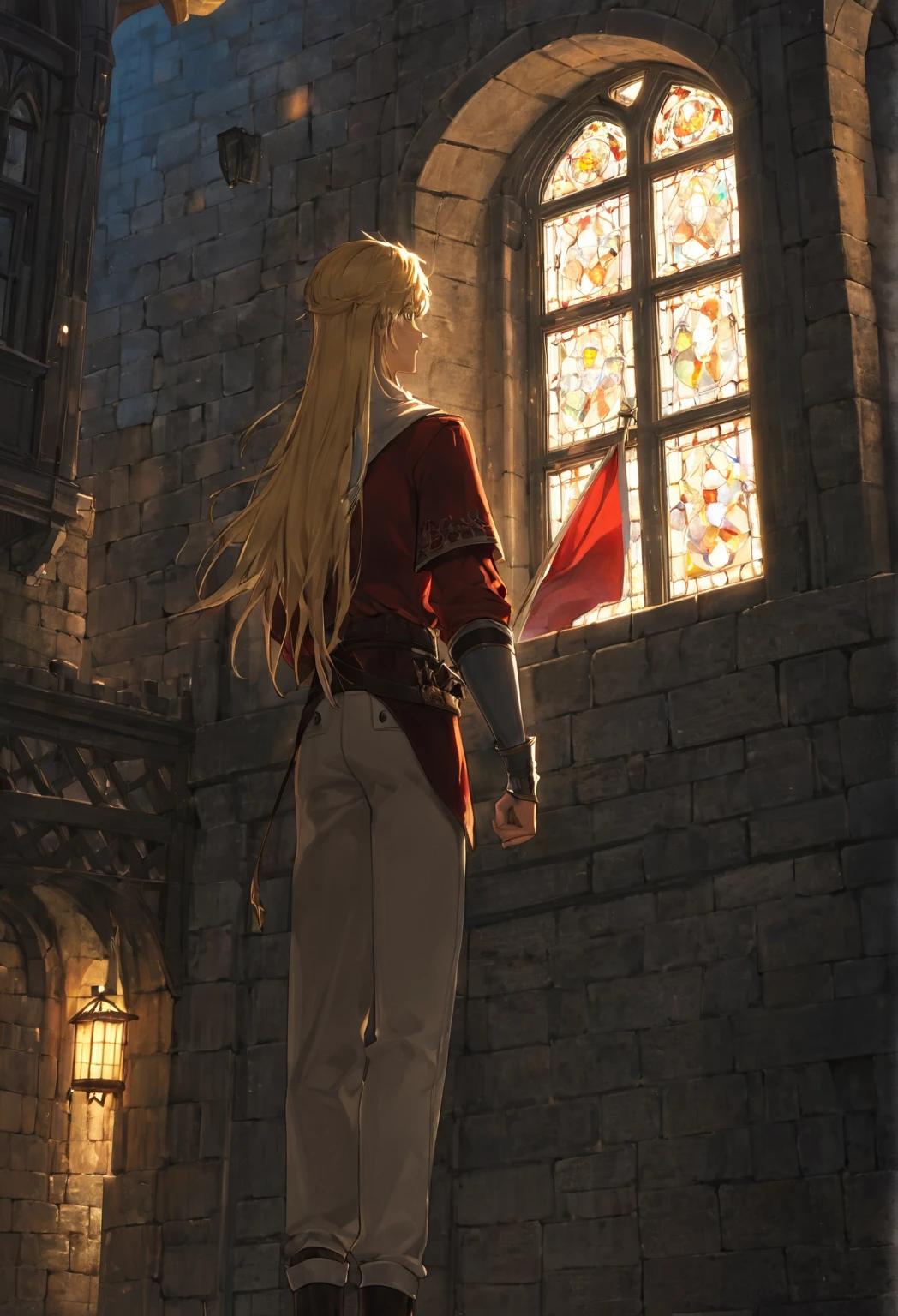 A lot of, frontage, sportrait, Blonde boy with medium long hair, exteriors, The light from the back window is backlighted, softlighting, medieval times, France, holding Red flag, head looking up, Red, blue, The white, trouser