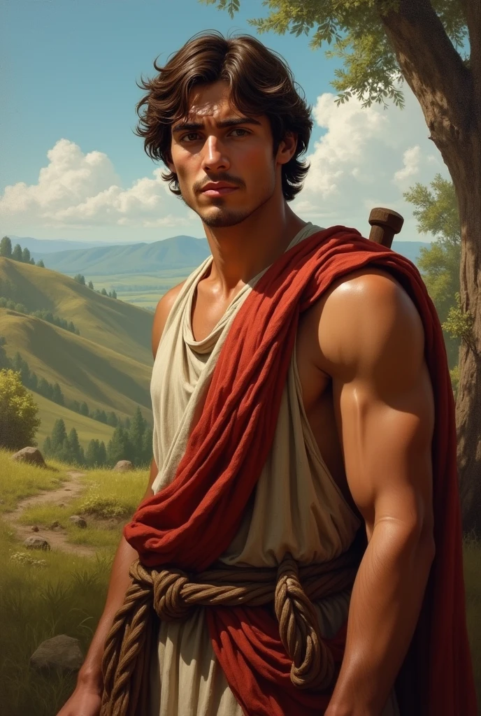 A male Stoic philosopher, around 2, with a well-proportioned and attractive physique, not excessively muscular, and slightly tanned skin. He is wearing classic tunics, slightly transparent, in soft earthy tones—gray and olive green—with subtle gold or copper details, that gently drape over the body, subtly revealing his shoulder. The philosopher stands in a natural setting, surrounded by vibrant flora and soft light, symbolizing growth and renewal. His meditative pose and wise expression reflect the strength and wisdom gained from overcoming adversity. The scene is painted in an impressionist style, with dramatic brushstrokes highlighting the contrast between the stormy past and the flourishing present. The philosopher’s face shows wisdom and resilience, emphasizing personal growth.