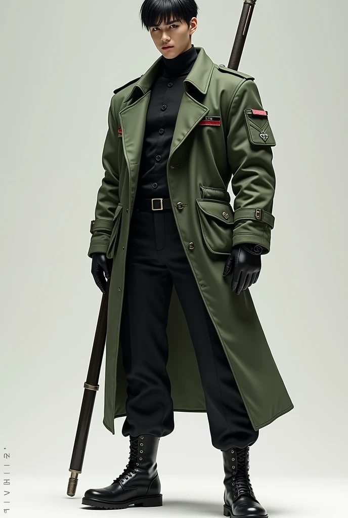 there is a man in a hat and trench coat holding , in a post apocalyptic setting, japanese cyberpunk wild west, post - apocalyptic cowboy, post apocalyptic explorer, post apocalyptic japanese western style, cyberpunk style outfit, post apocalyptic, cinematic full body shot, post apocalyptic attire, cyberpunk street ????, western steampunk cybo