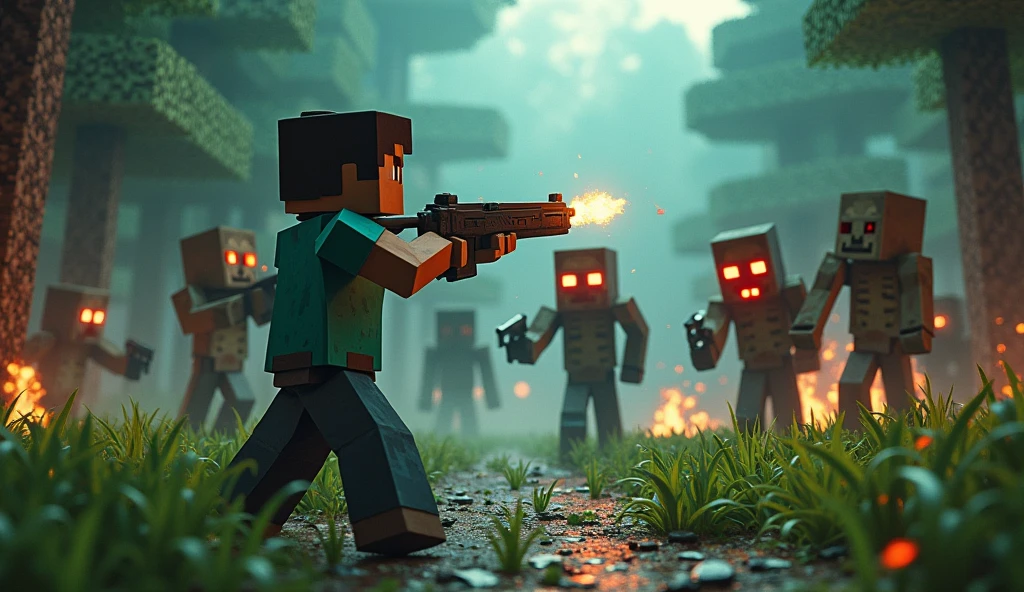 A Gun In Minecraft Steve vs jombi  and skeletal  enderman  And Nether In  forest  Background  