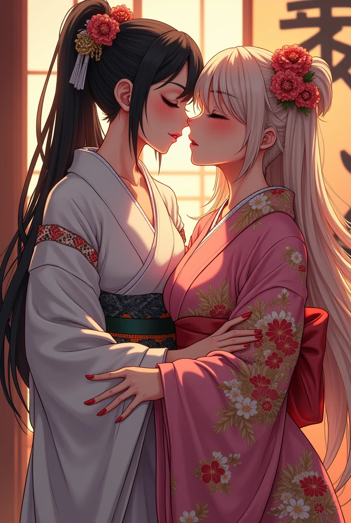 breathtaking score_9,score_8_up,score_7_up,score_6_up,score_5_up,score_4_up,source_anime BREAK 2girls like sun and moon,yin yang orb,blushing,<lora:french_kiss_xl_v1:0.8>,french kiss,(one with golden hair and red dissolving kimono),(one with white hair and black dissolving kimono),hug,
background japanese torii,landscape,detailed background,wallpaper,incredibly absurdres,long hair,dissolving_clothes, . award-winning, professional, highly detailed