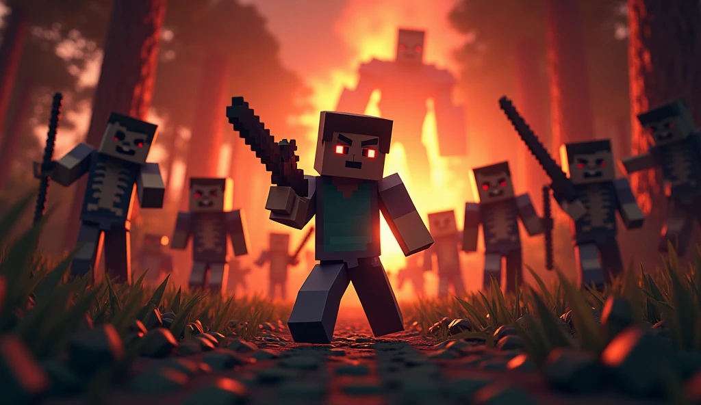 A Gun In Minecraft Steve vs jombi  and skeletal  enderman  And Nether In  forest  Background  fire night 