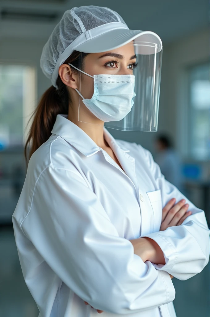 An image of someone wearing a mask and gloves in an office