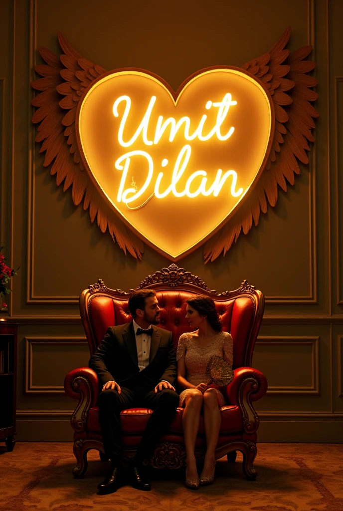 Create a 3D realistic image of a couple in a black dress casually sitting on a wingback chair looking ahead. The background features “Tanvir” in big capital RED fonts on the white lighting wall. There should not be shadows, and wings should be added to make it appear as if both are angels.