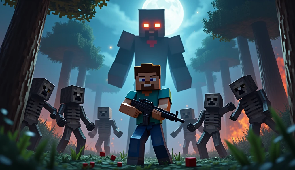 A Gun In Minecraft Steve vs jombi  and skeletal  enderman  And Nether In  forest  Background   night 