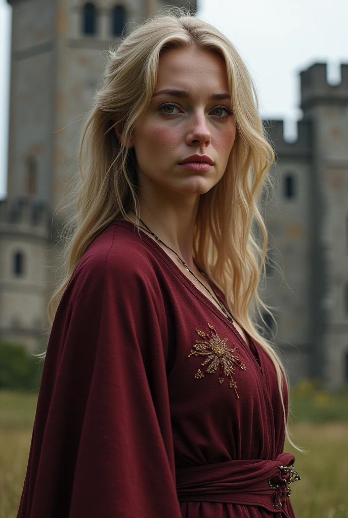 A beautiful Targaryen Women with round face and cute face, lilac eyes and long curly braided platinum blonde hair, She's wearing a royal Red Silky rich Queen costume with black details.Sbes wearing a shawl on her head She's sitting on a rock near a burning pyre.Shes sad and crying.realistic