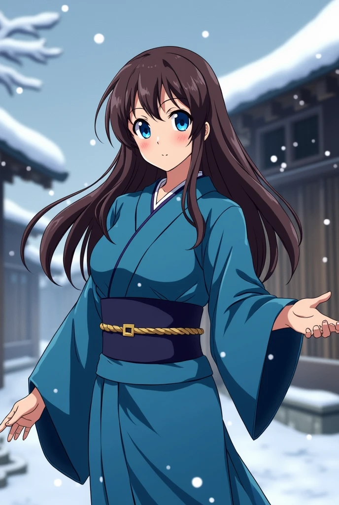 A beautiful girl, of Japanese nationality, with bright blue eyes, long brown hair. She is wearing a blue kimono. She stands in a 20th-century Japanese village, under the snow, with her arm outstretched, standing near the house. in the style of the anime "demon slayer"