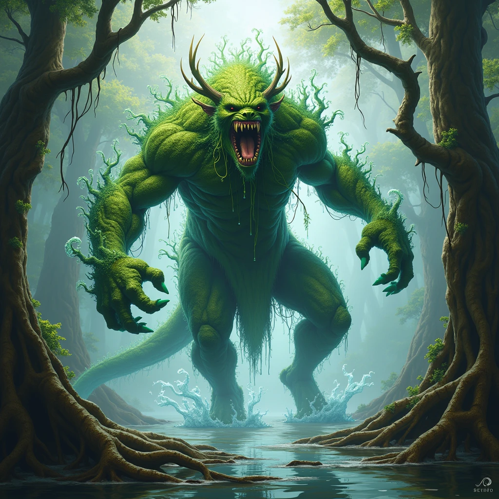 In the depths of the Amazon forest, a legendary creature with vibrant green skin and abundant red hair, referred to as the "Reverse-Footed One," wanders among the ancipartes. With each step, this altura humana defies the natural order as its feet face backward, leaving footprints on the forest floor in the opposite direction of its body.
The panoramic scene, captured in Full HD, immerses viewers in the lush atmosphere pantanosa of the Amazon, with the creature's otherworldly form contrasting dramatically against the verdant foliage. The intricate detailing of its green skin, the rich redness of its mane, and the Eddie