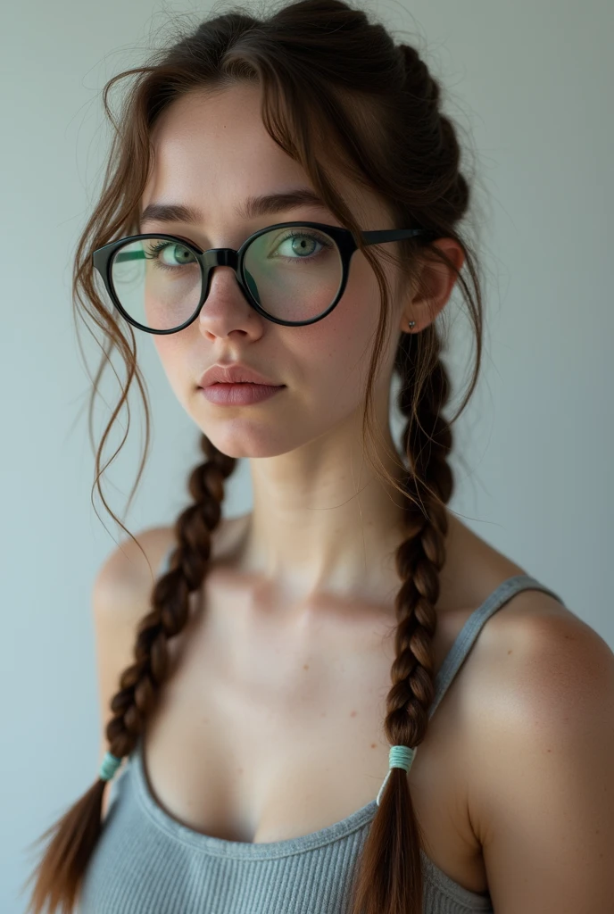 A woman with glasses and large breasts stands in front of a green-tiled bathroom wall, braided ponytail, Realism, anime, high quality, highres, 4K