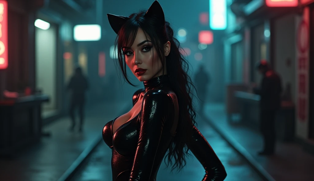 (best quality,4k,highres:1.2),ultra-detailed,realistic,ninja,female,sexy,cityscape,night,stealthy,sneaking,hidden,weaponry,leather outfit,masked face,confident,agile,athletic,mysterious,shadows,dark alleyways,hiding in plain sight,ready to strike,cat-like reflexes,sharp weapons,assassin,dangerous,breathtakingly beautiful,silhouettes,movement,urban landscapes,moonlit sky,intense gaze,vibrant colors,neon lights
