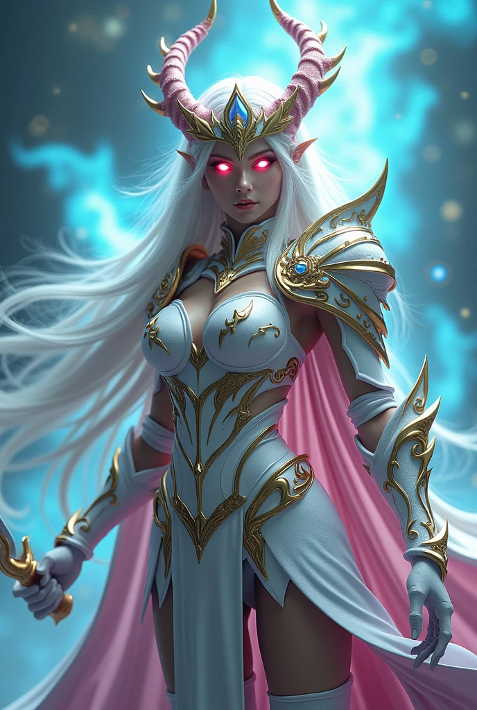 studio portrait of female demon, long whit hair, d&d, rpg, forgotten realms, artstation trending, high quality, sombre mood, artstation trending, , fantasy, extremely detailed, digital painting, artstation, concept art, smooth, sharp focus, illustration, stunning lighting, art by artgerm and greg rutkowski, curvy woman, mature woman, beautiful face, harmonic face, best quality, amazing expressive eyes, fantasy character, beautiful and elegant elf queen, unreal motor render, grumpy lighting, glow, bright, mysterious, mystical, magical, rim lighting, vibrant, psychedelic armor