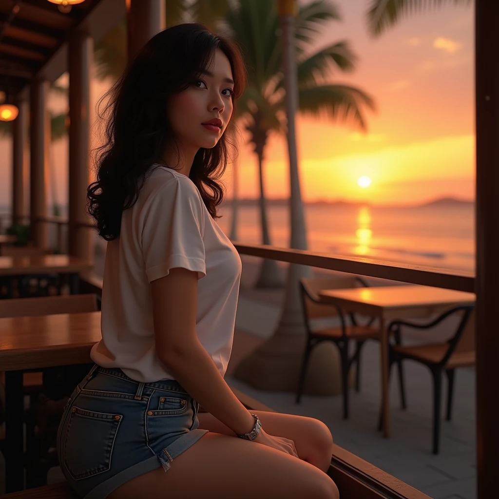 Wear skinny shorts，shirt，Plump butt，The back view is also attractive，Wear a mask，Full-body photos disappear，Sunset Cocktails
