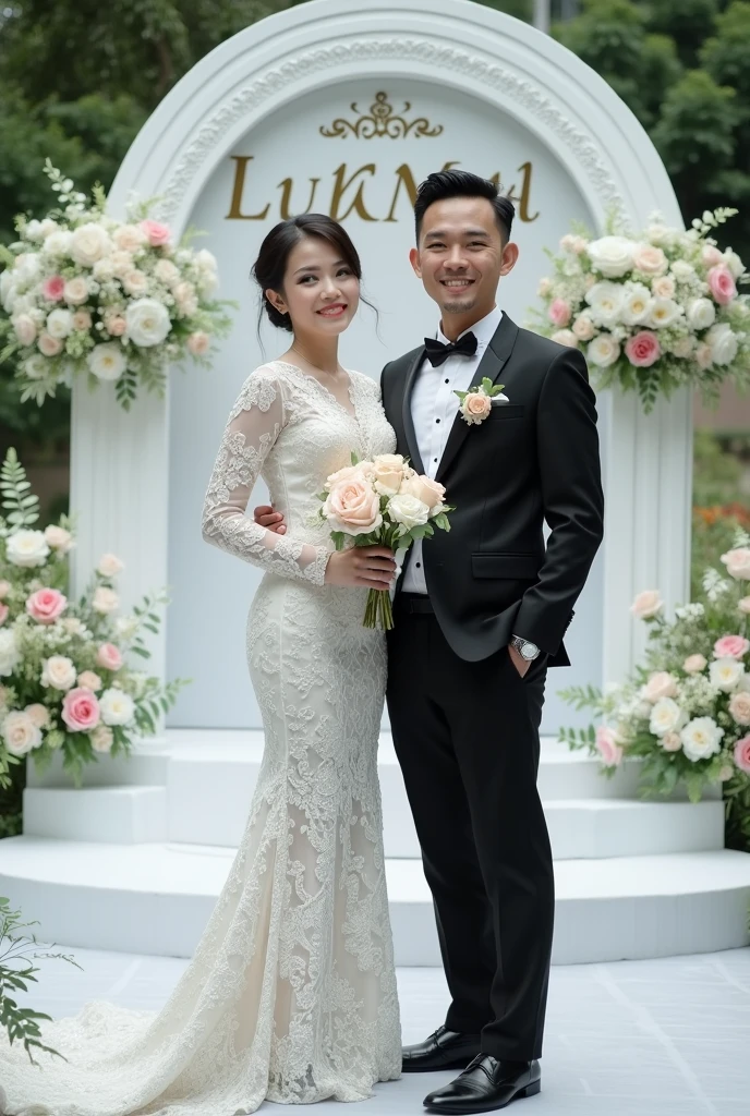 Realistic of pilipino couple wedding ,the boy wear a black attire and girl hijab,pink gown wedding.the background is garden.
