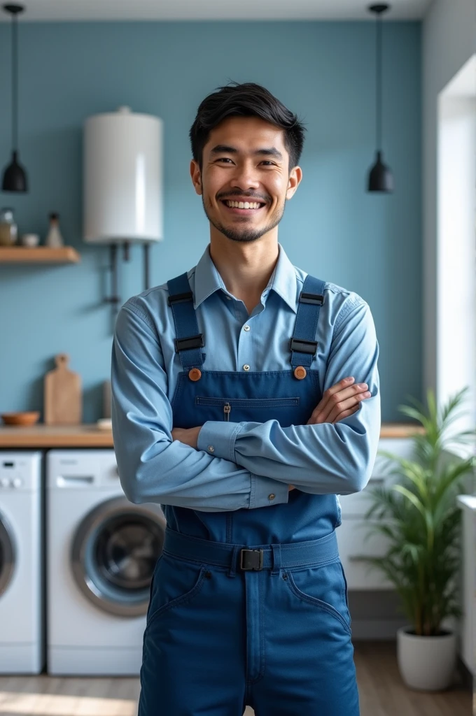 Smiling young man in blue jacket holding clipboard, plumber uniform, very professional, stock photo, maintenance, professional work, fine workmanship, professional photo, shutter stock, maintenance photo, chinese man, upload, warm friendly expression, photo still