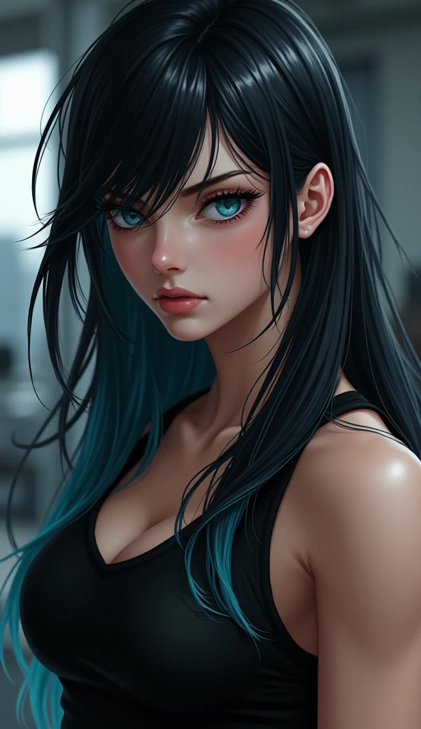 Amazing portrait of a sexy woman with a beautiful face covered with makeup with blue eye shadow and blue eyeliner emphasizing her seductive eyes and her long black hair in a long ponytail wearing a small blue necklace and silver hoop earrings and a short blue strapless top showcasing her bare shoulders and midriff paired with long blue bell bottom leggings and high heels
