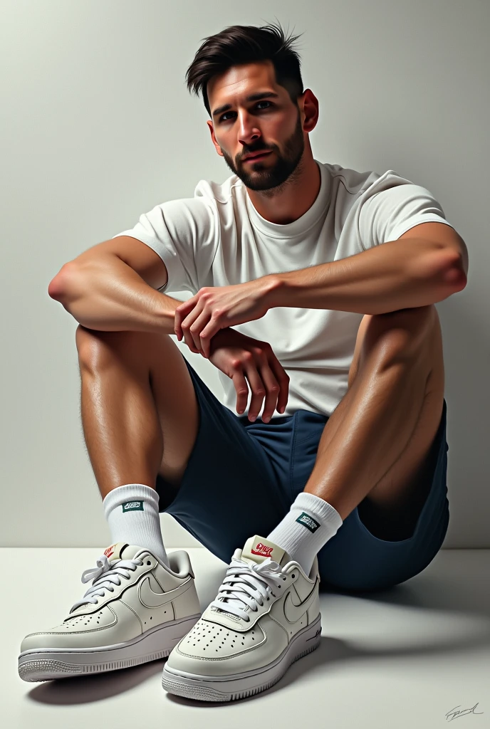 Character portrait, full body, muscular handsome guy wearing black suit white shirt on upper body, light blue thong on lower body, sitting on white office chair, wearing watch, wearing white socks, blue sneakers