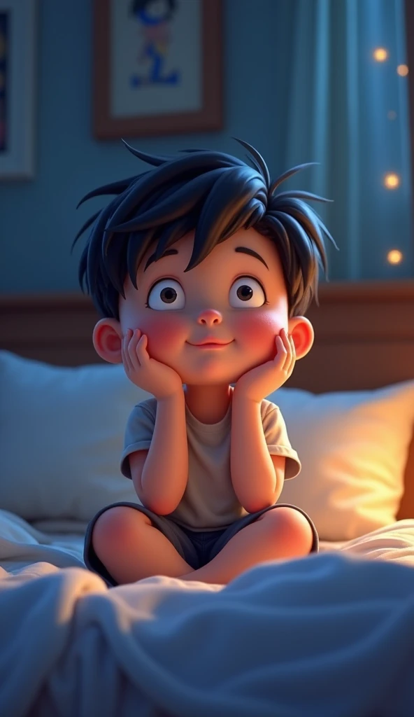 1 boy sit on the bed and watching the TV shows his name is yogesh write the t shirt 2d cartoon