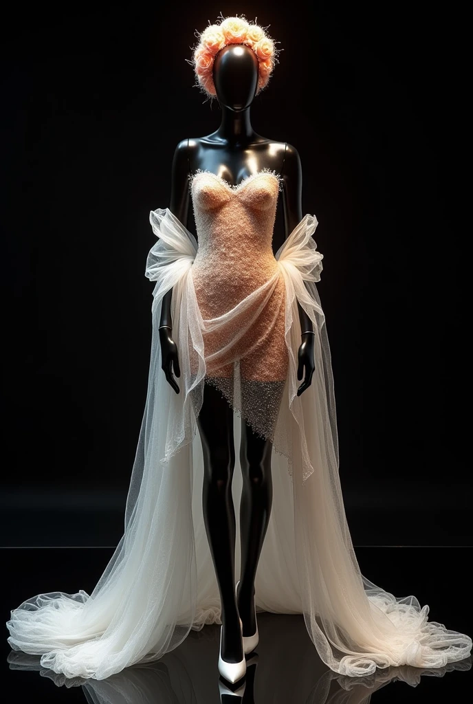 Photo e cinematic: A surreal fashion photograph featuring a white cat head seamlessly fused with a cat body. The cat body should be wearing a sexy, enchanting wedding gown. The gown should be a show-stopping creation with multiple layers, flowing ruffles and a dramatic train. Surround the gown with whimsical elements such as feathers, wings and sparkling stars to evoke a sense of magic. Use a high-contrast colour palette of whites and creams. Pair with ornate high-heeled shoes and thin white-furred cat legs adorned with intricate silver and gold flower designs. Position the cat hybrid as if it were walking down a dark runway, with a determined expression. The background should be mostly black with blurred figures suggesting a fashion show audience. Emphasise the contrast between the bright white of the cat and the gown against the dark surroundings. The image should convey a sense of couture mixed together
