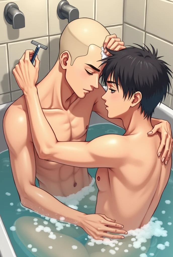 2 boys, yaoi, best quality, masterpiece, amazing details, handsome dark skinned young man, muscular, curly brown hair, exaggerated tiny waist, perfectly round butt, showering in shower stall, kissing, older asian man with black hair, groping each other, molestation, (((steaming hot water))), (((very soapy body))), perfect fingers, no watermark, no logo, no signature