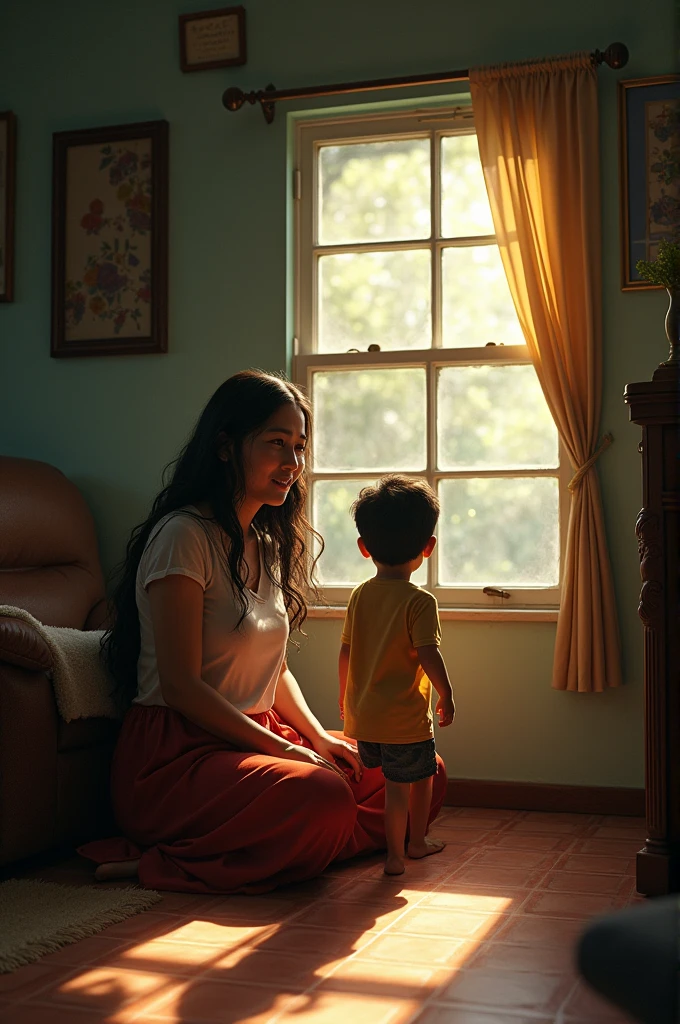 a one woman, 30 years old, in Brazil in the 70s, he dances with his  son in the living room of a lower-middle-class house.