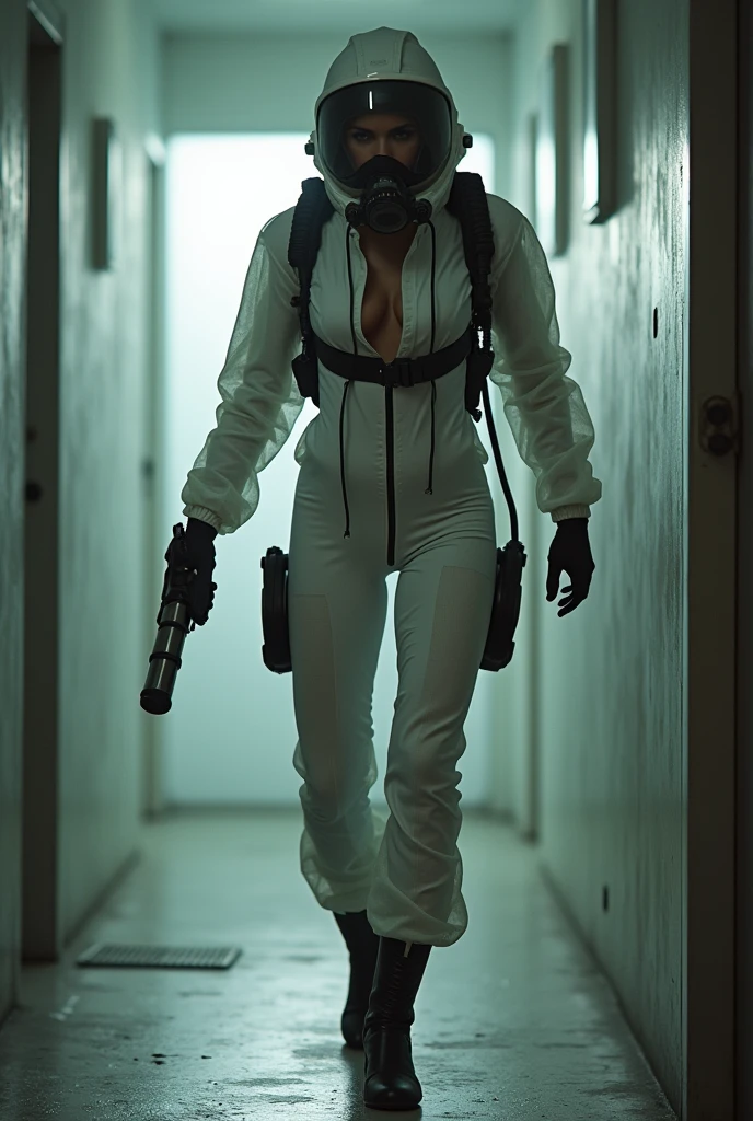 a beautiful woman wearing (white full body stormtrooper armor) running through retrofuturistic hallway, walls covered in blood trails, her armor is ripped open and revealing bloodstains, very dark and eerie horror atmosphere, she is looking at viewer in fear <lora:beauty_standard4-000080:1>