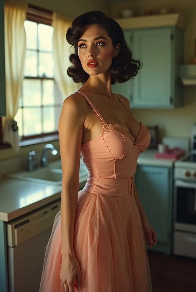 wearing a pencil skirt dress, milk maid dress, cocktail dress, drop waist swing dress, pleated skirt drop waist dress, sun dress, 60's bikini, in {green and white, straight bob|flip with headband| Half-Up Middle Part|big curls|long straight|, Bombshell}, black hair {kitchen background , large breasts:0.6, cleavage:0.4, elegant, dynamic pose, highly detailed, photorealistic, smooth, charlie bowater and alexandra fomina,8k, ((detailed facial features)),((sweaty)),8k uhd,dslr,soft lighting,high quality,film grain,Fujifilm XT3, (perfect lighting, perfect shading, volumetric lighting, subsurface scattering), stunning, beautiful, gorgeous, (perfect body), (photorealistic:1.65), (retro), (60's pinup art)