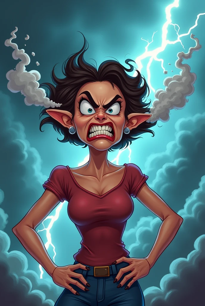 Make a super angry mother with a strap, A bit cartoonish but with red eyes and fire
