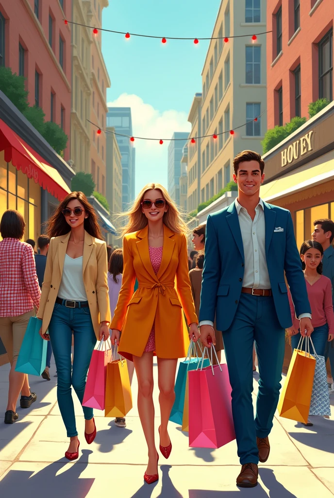 Men in formal clothes with briefcase, women with colorful dresses and handbags, walking through the streets, everyone happy. And that there are parking signs, with animated illustrated theme 