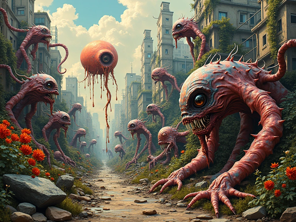 Plants overtaking an abandoned city, destruction, end of the world, horrific creatures dwell in the dark streets, disposable camera, realistic, gloomy, Humanoid fish, with long teeth, decomposed body, large white eyes