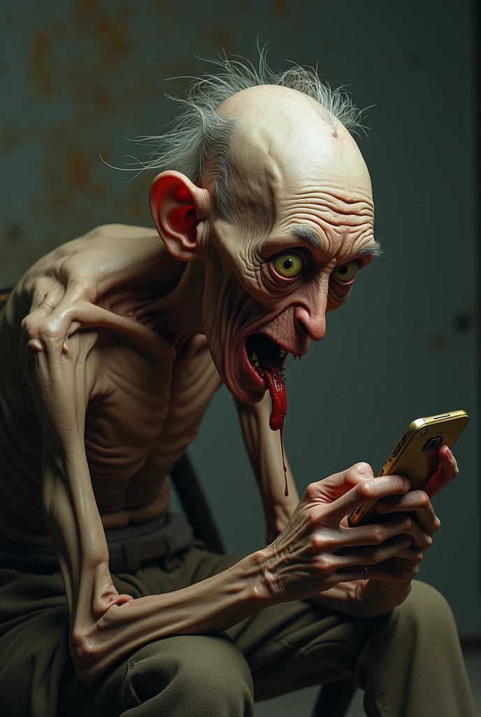 NOW A VERY THIN AND UGLY MAN SITTING ON THE SOFA TRYING ON HIS CELL PHONE 