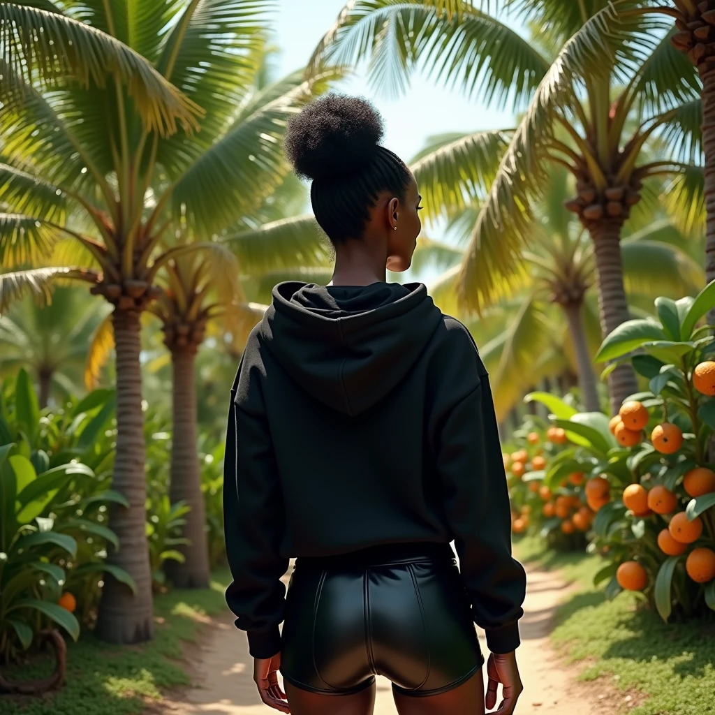 Black woman wearing leather short shorts 
Hair in a bun
Flip flops 
Tight yellow shirt 
Beach house 
Low angle 
Backside view 