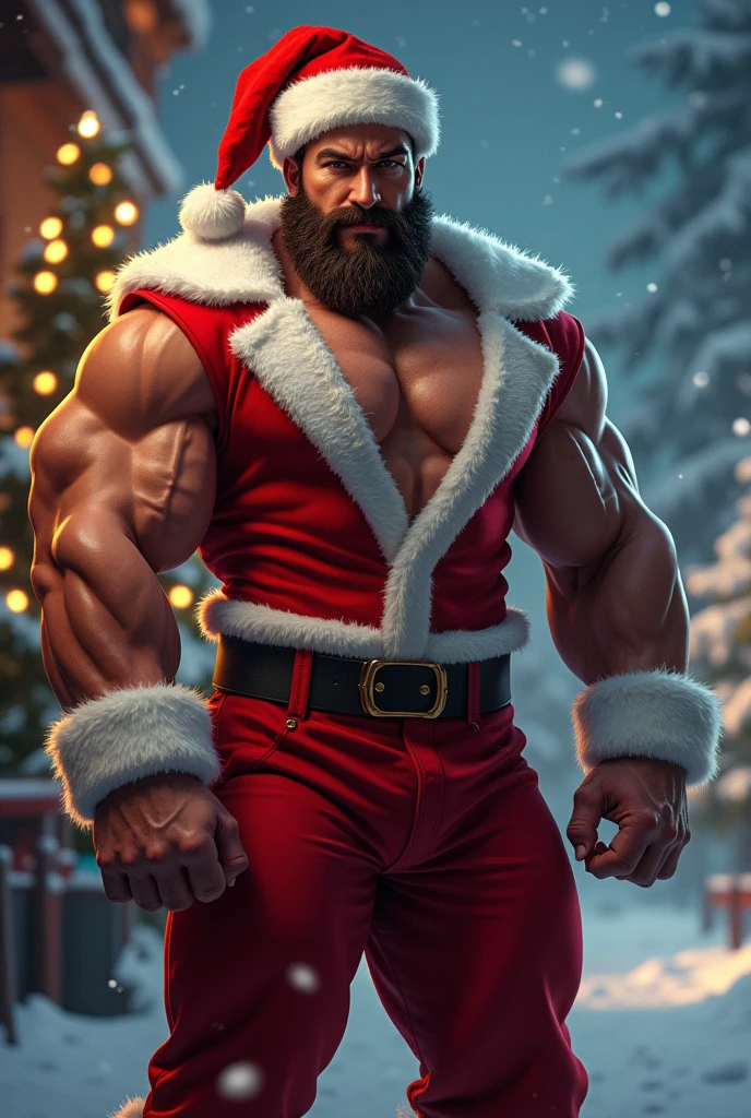 A portrait full body photograph Atractive mid age Santa Claus heavy trucker-driver, medium hair shaved sides, Strong, muscular, hairy big belly bodybuilder, jockstrap showing very hairy pubs groin area, red gloves,leather boots, golden details, snowing, magic sparkles, epic realistic, photo, faded, neutral colors, ((((hdr)))), muted colors, intricate scene, artstation, intricate details, vignette --auto --s2