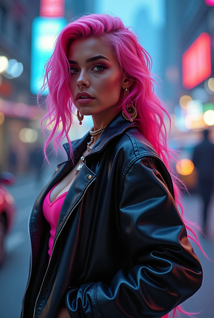 E-girl,Pink hair, naked ,black jacket, neon midnight city background,