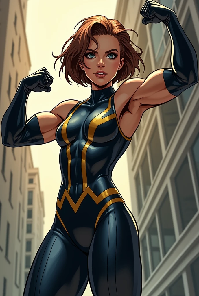((masterpiece)), ((best quality)), ((highres)), beautiful woman, splash art, 8K, solo, superhero, bare legs, (tight leotard: 1), hands on hip, city backdrop, knee boots, (perfect hands: 1), sparkling, light particles, short hair, brown hair, dark blue eyes
