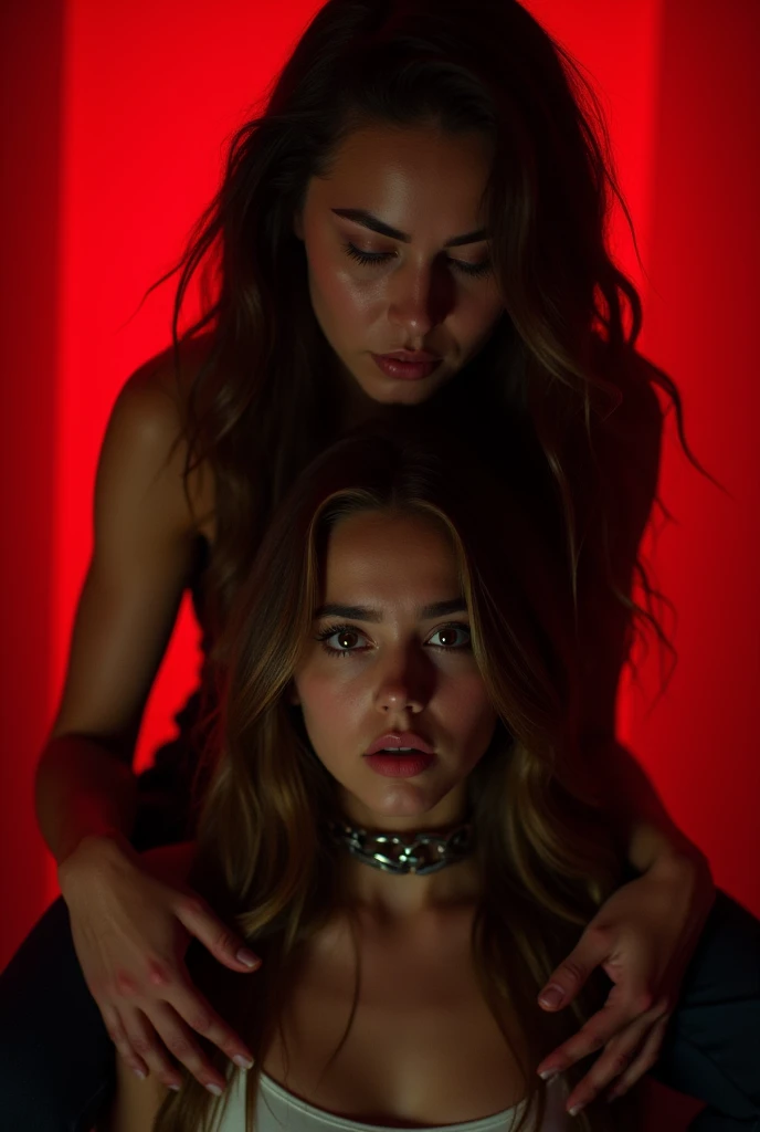 A dominatrix tying a gagged girl in the dark BDSM room with only a red light, 