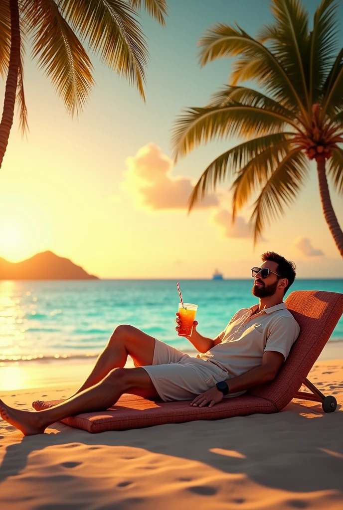 a man lying in a beach chair under a parasol, detailed face and body, photorealistic, golden hour lighting, warm tones, tropical beach background, ocean waves, palm trees, detailed clouds in the sky, (best quality,4k,8k,highres,masterpiece:1.2),ultra-detailed,(realistic,photorealistic,photo-realistic:1.37)
