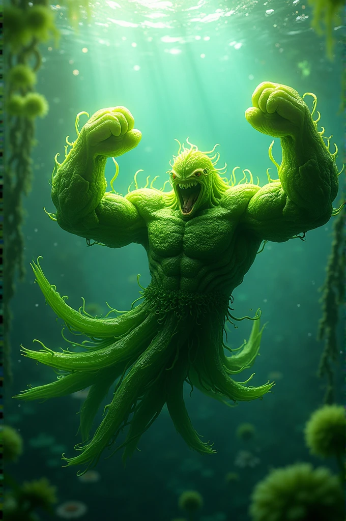 A super high-resolution 3D image of a man with an extremely horrified expression as the seaweed appears to grow inside him, wrapping around his veins and taking control of his body. His face shows clear signs of fear and despair.in the forest,darck,Radiation come on