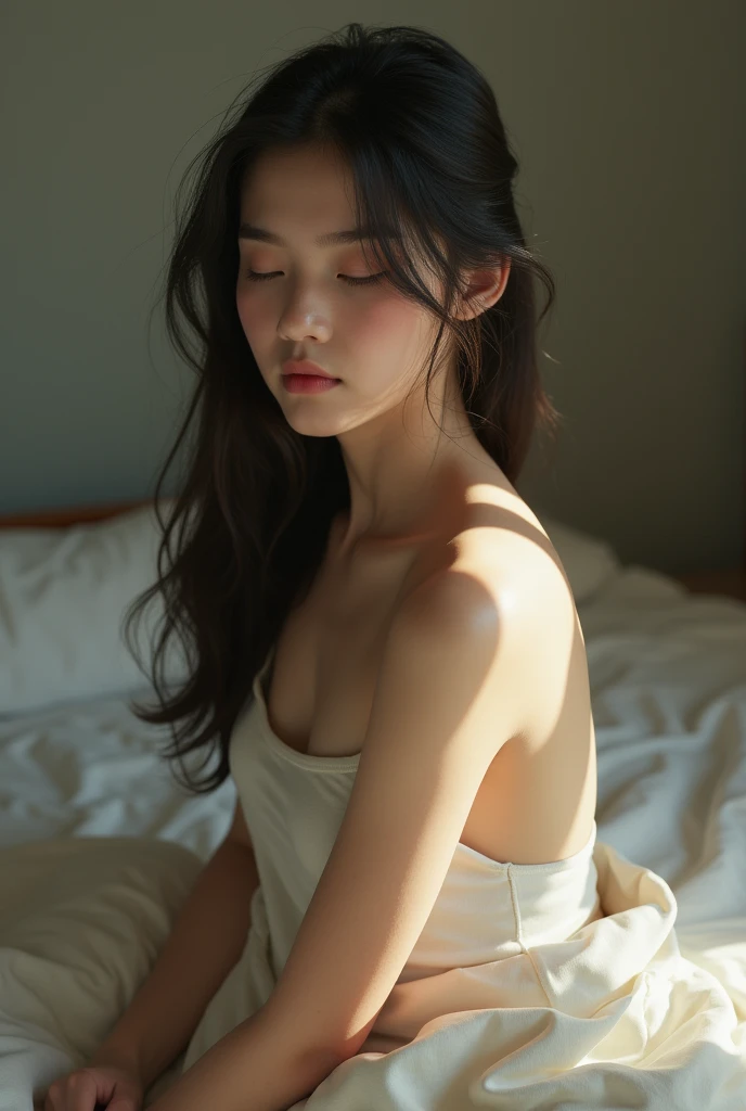 Asian women portrait photography，warm sunlight，Green plants placed beside the bed，indoor，Delicate face