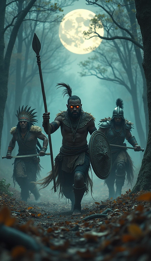 A group of indigenous Brazilians, Amazon, Fighting with clubs and arrows on background of tall trees and dust in shades of red.