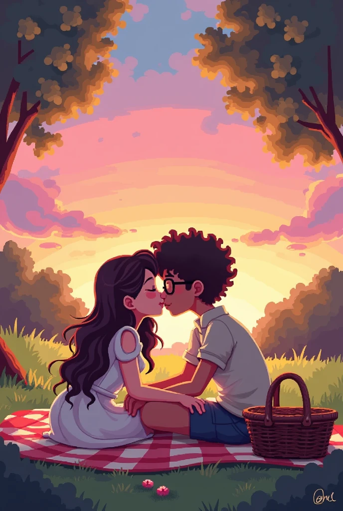 Create an adventure time animation style couple, The dark-skinned boy and the white-skinned girl, the two with black hair sitting next to each other, the girl with her head resting on his shoulder.