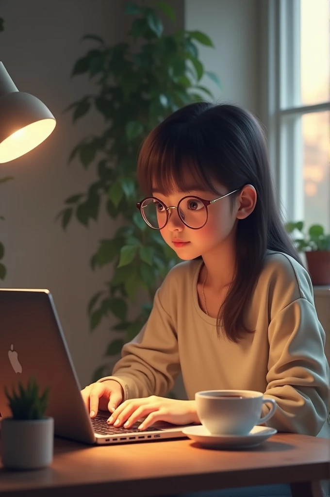A slightly chubby girl of 3 years old in China, wears glasses,Plaid shirt,shorter pants,programmer,sitting in front of the computer,Black hair, adolable, with brown eye,by Pixar, tchibi,frontage,Full body portrait