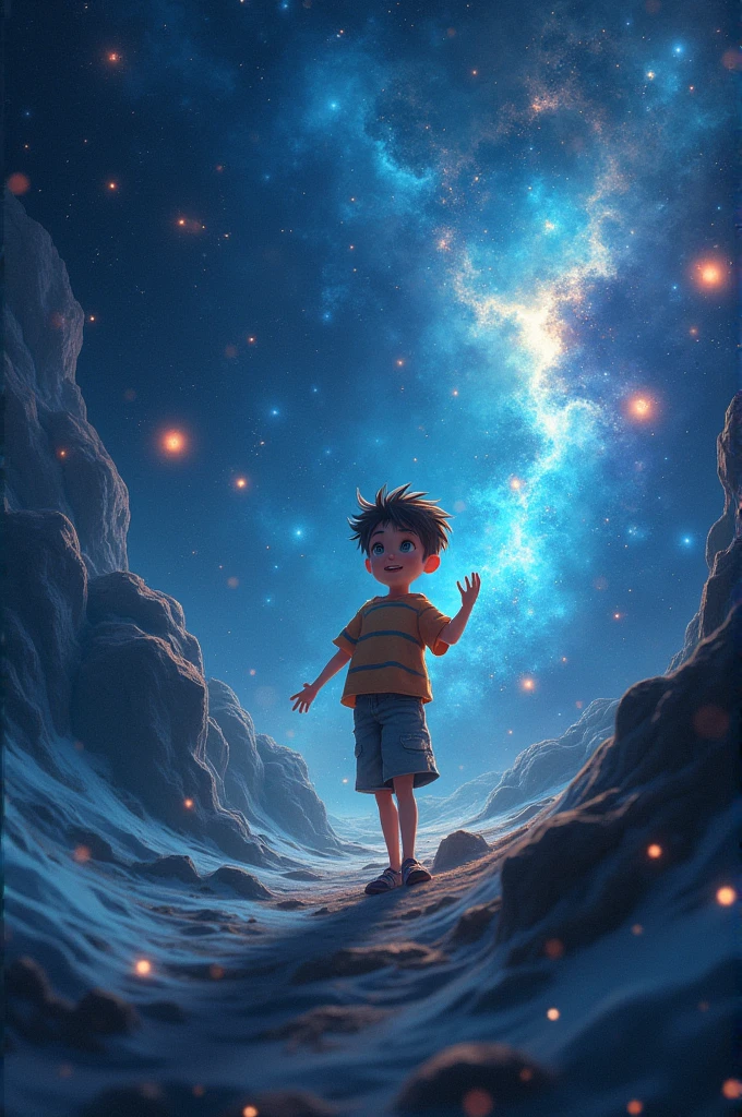 ridiculous resolution, high resolution, (masterpiece:1.4), super detailed, 1boy, seen from above, space, floating, comets, star gazer --v 6