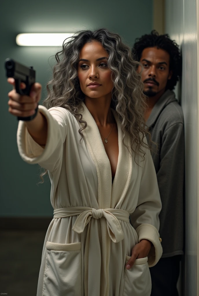 A beautiful youthful looking Filipino version of Ariana Grande as a 50 years old woman with long curly completely gray hair as the superhero Daisy Johnson from Agents of S.H.I.E.L.D wearing a bathrobe leaning on a wall hold a gun in her hands pointing it at another woman protect a young man behind her