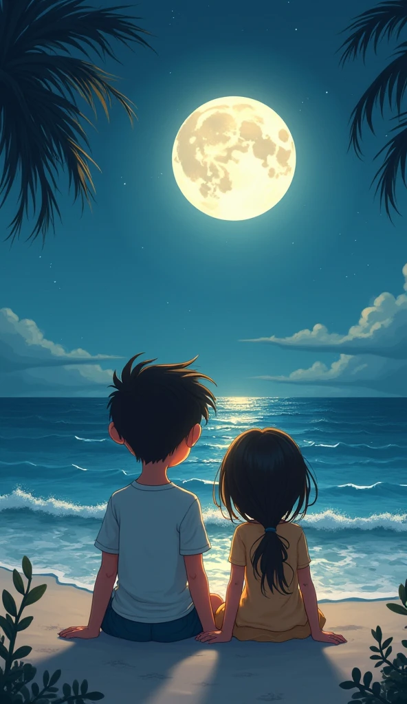 A 2 boy is sitting on a rock by the sea at night. And a 2 girl is sitting with her head in that boy's room.