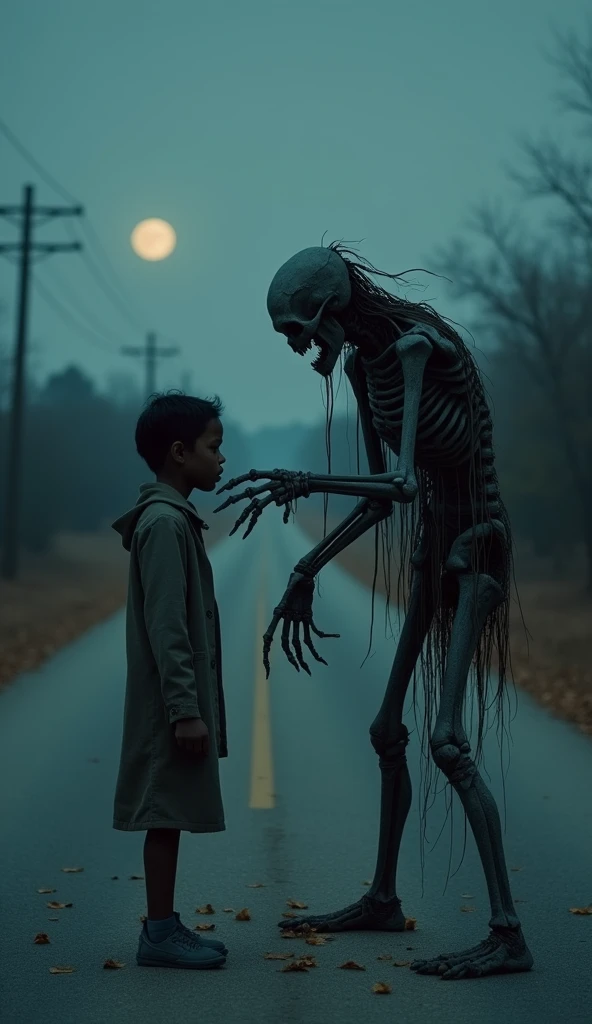 Camera angle from above、A small town on the ground、Full Body Shot、Horror-themed movie stills,、A gigantic skeleton demon that reaches up to the sky、(Full body portrait:1.3), , Shallow depth of field, Vignette, Very detailed, High budget, Bokeh, CinemaScope, Sulky, amazing, nice, Film Grain, granular . Creepy, Anxious, dark, Creepyな, Suspenseful, strict, Very detailed