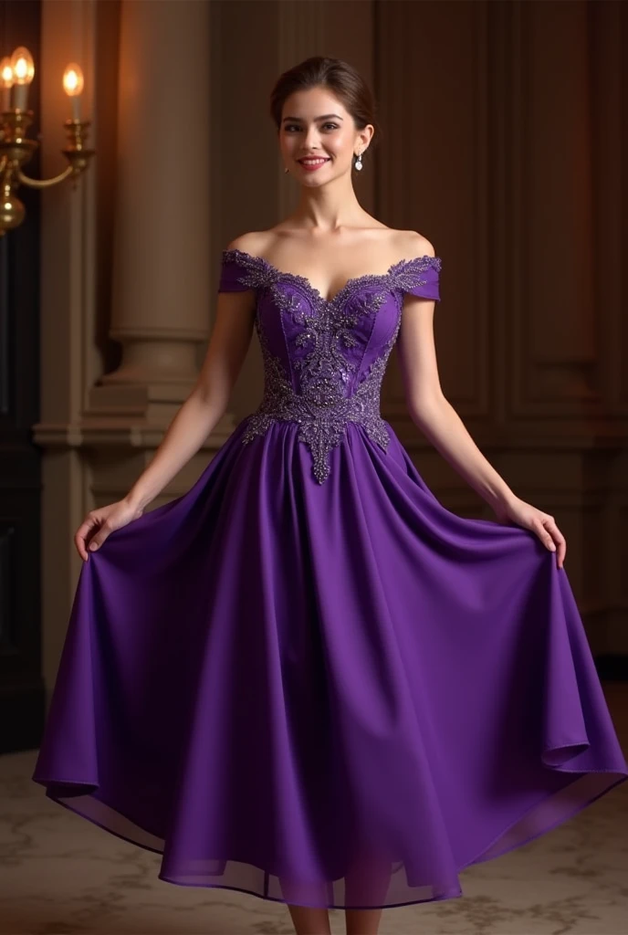 (masterpiece, best quality:1.5), highest quality, High resolution, super detailed, Realists, Full body photo of a young European brunette, detailed and beautiful brown eyes, very detailed eyes and face, longeyelashes, the young woman wears a purple long dress made of shiny satin, beautiful natural makeup, elegant and noble々Pose, Gardens as background, soft daylight, bright colors, fine brushstrokes, shiny fabric for clothing, beautiful color palette, glowing skin, First-class rendering, that captures every detail, enchanting atmosphere, subtle shadows and lights, (perfect anatomy:1.2), (The stunning young woman stands in a clothing store and is excited, (magnificent panorama view:1.2)