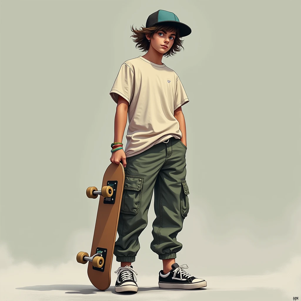 (8k, RAW photo, photorealistic: 1.25), 15-year-old boy, curly hair over his eyes, baggy clothes, skateboarding