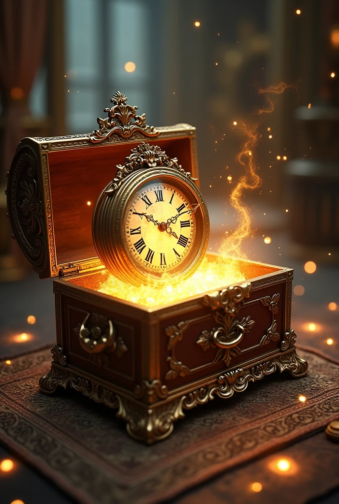 Generate a high quality, realistic seen in cinematic 3d 
cartoon style * In the corner of a room, under a dusty cloth, they find a large, ornate clock. The clock is gold and silver, with intricate designs and gemstones embedded in it. The clock face is glowing softly.
